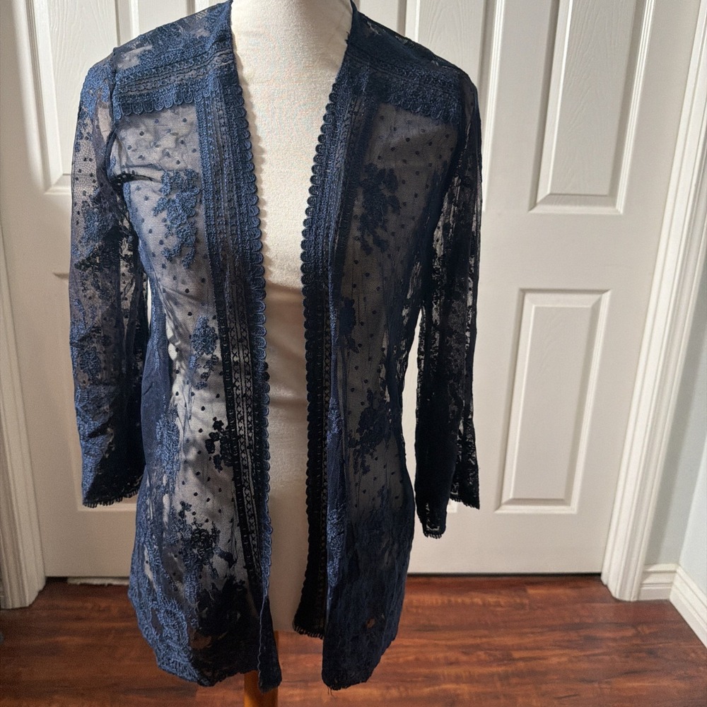 Belle by Kim Gravel Cardigan Womens XS Navy Blue Sheer Floral Lace Open Front